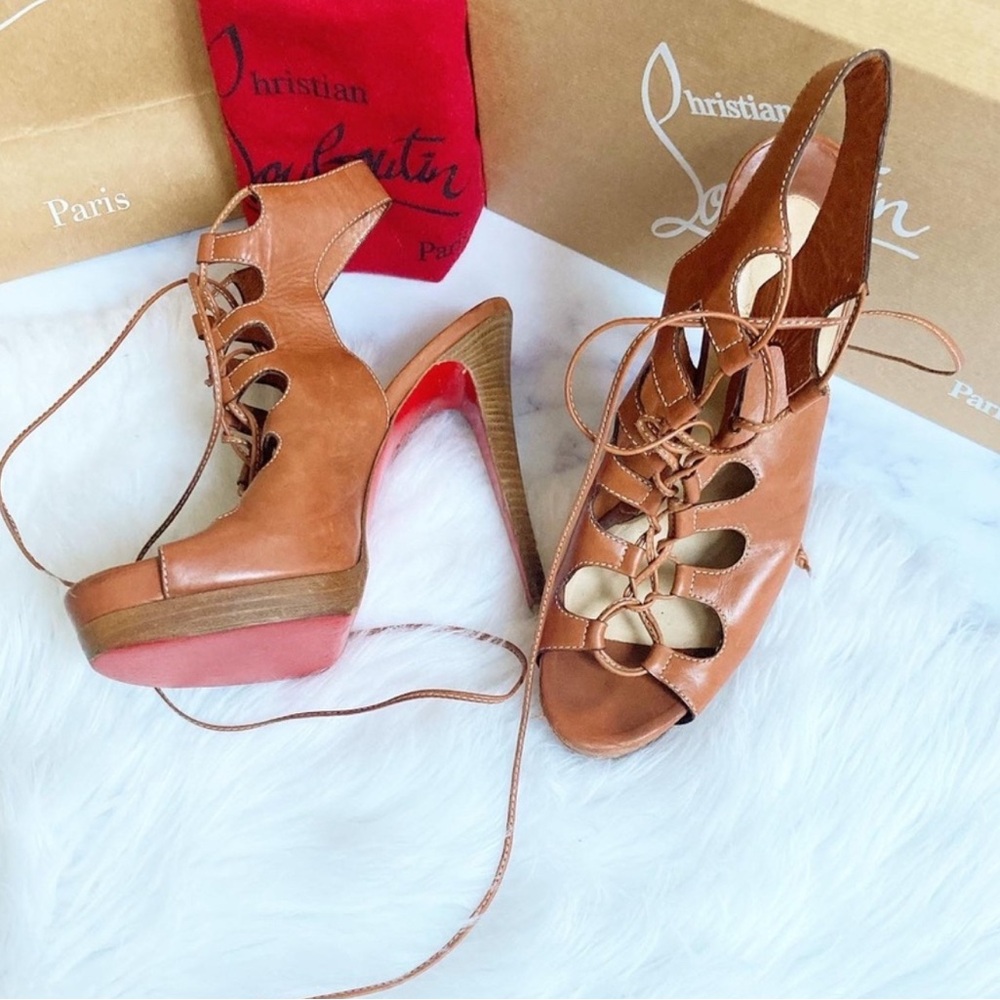 Christian Louboutin Brown Leather Lace-Up Wedges